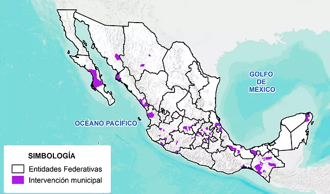Mapa de México con los municipios donde MICAS ha intervenido, distribuidos en el norte, occidente, centro y sureste del país.